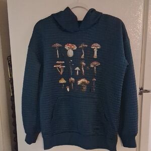 Men's Teal Crewneck Hoodie Sweater with Mushroom Print